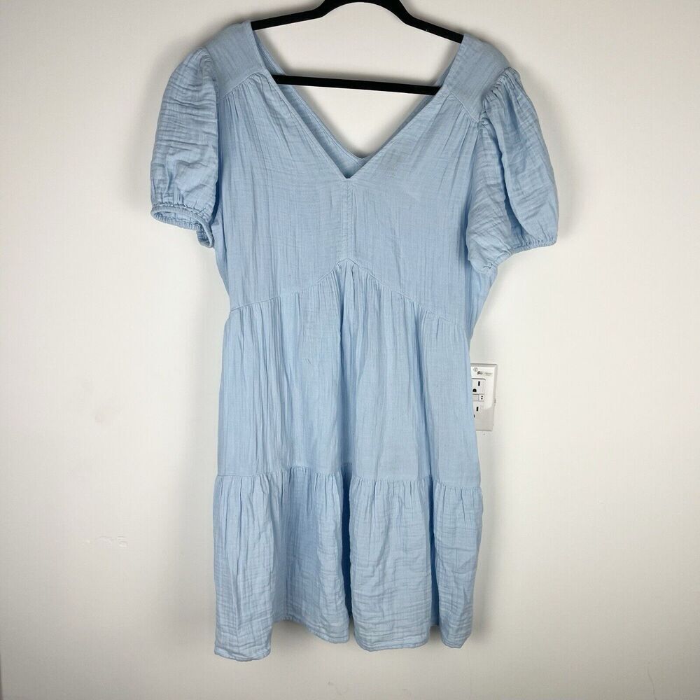 NWT Gap Crinkle Gauze Blue Puff Sleeve Tiered Mini Dress Size Large Boho - Picture 2 of 7